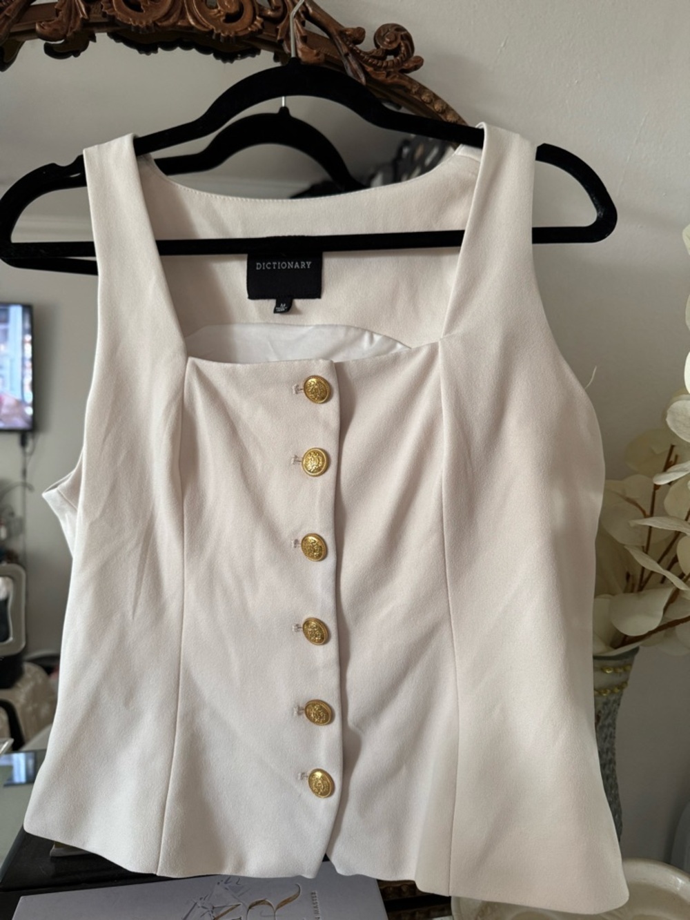Dictionary White Sleeveless Button Front Top with Gold Buttons